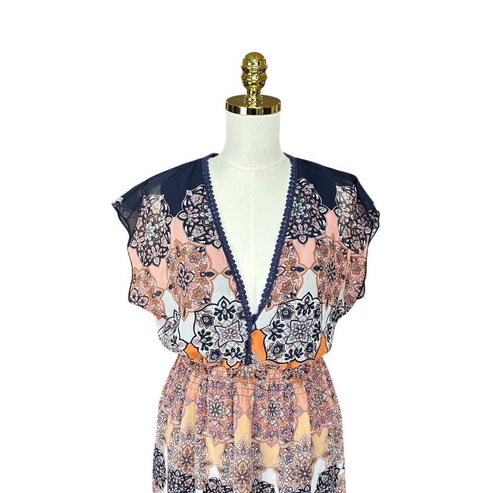 Enfocus Studio Women Navy Orange Medallion Print V-Neck Maxi Dress Size 10 - Picture 2 of 7